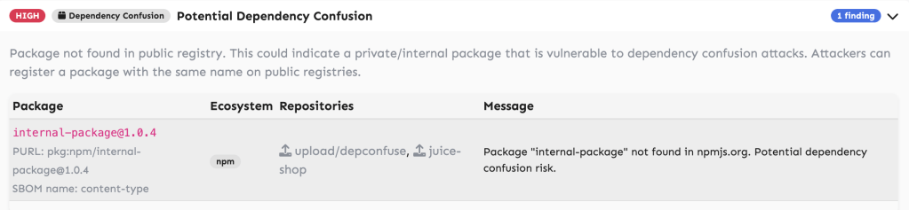 Screenshot showing a potential dependency confusion warning for a package not found in the public registry, highlighting a risk of vulnerability.