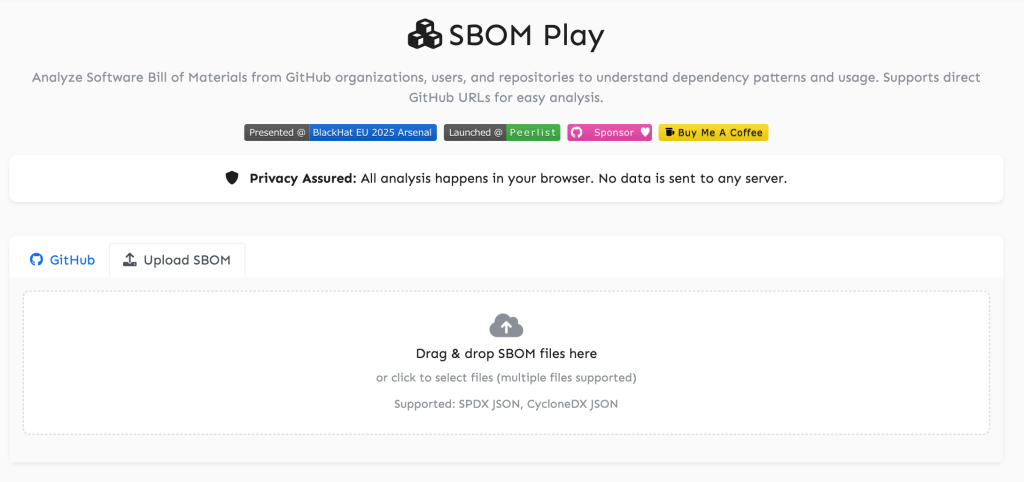 Screenshot of the SBOM Play interface, featuring options to analyze Software Bill of Materials from GitHub organizations, with a button to upload SBOM files and information about privacy assurances.